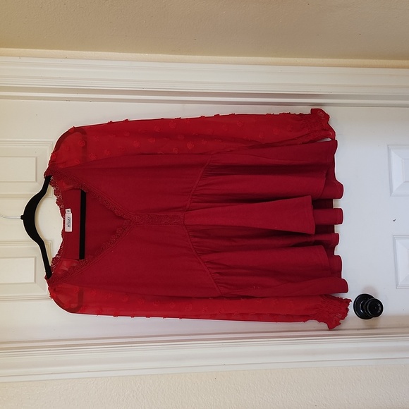 Red V-Neck Boho Top Sheer Sleeves - Picture 5 of 8